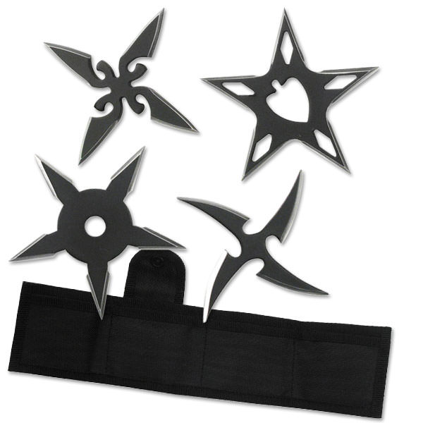 4 Pc Black Stainless Steel Assorted Design Throwing Star Set - 2.5" Diameter - Tophatter's Army Products & Self Defense Collectible Weapons - Tophatter Daily Deals